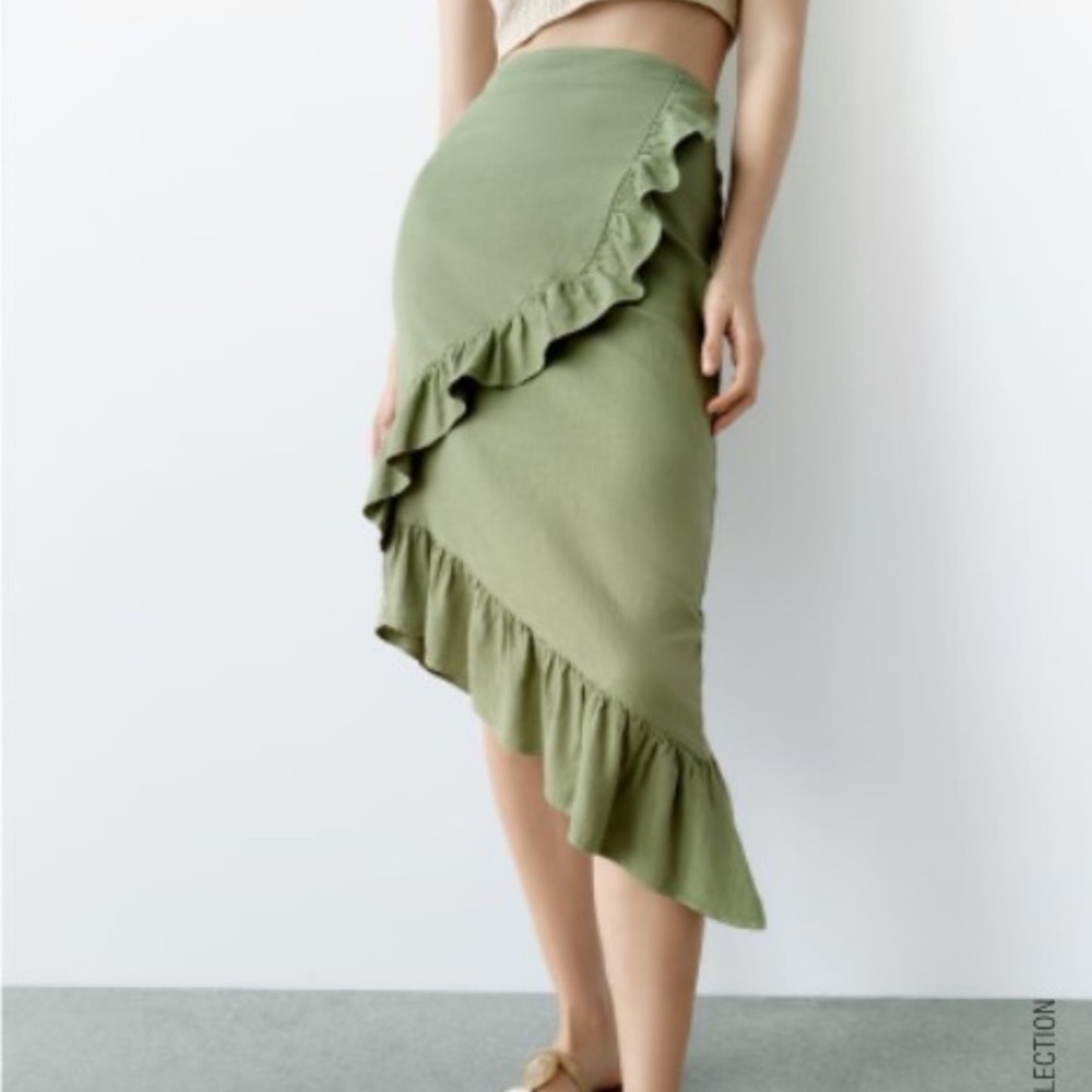 Zara Ruffled Asymmetrical Midi Skirt